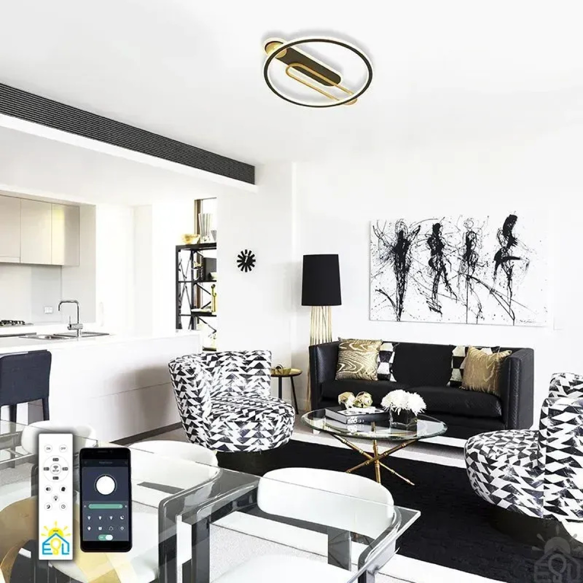 Керована світлодіодна люстра MENSOLA 80W R-APP-530х450x60-BLACK/GOLD/WHITE-220-IP20 10126 ESLLSE