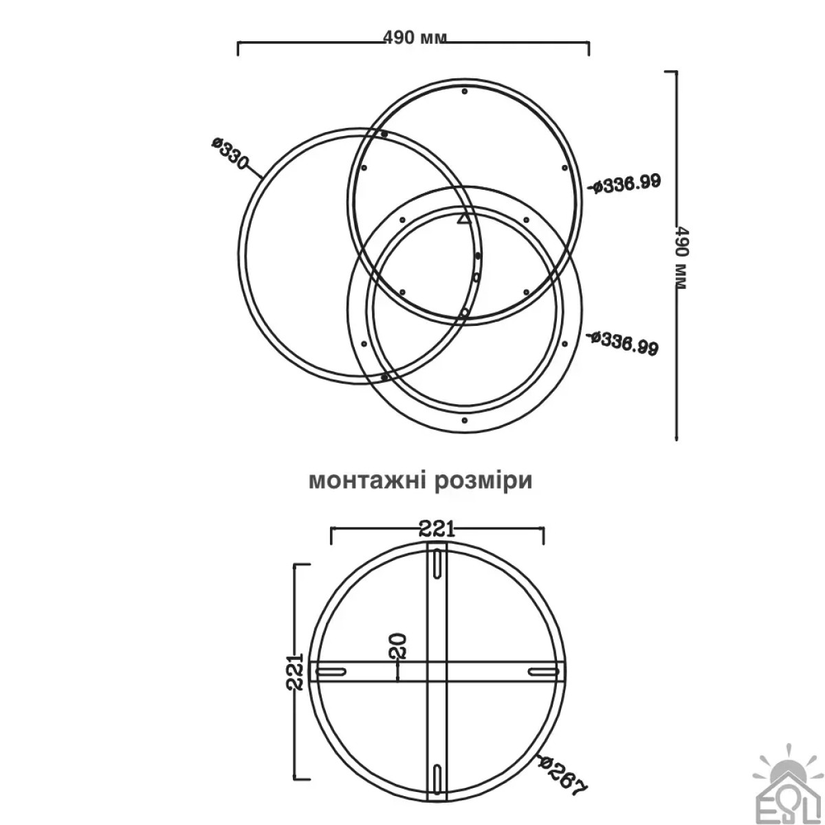 Світлодіодна люстра VEGA TRIPLE 3R 70 Вт 490х490х60 мм Чорно-Біла Керується вимикачем (без пульта) 10402 ESLLSE