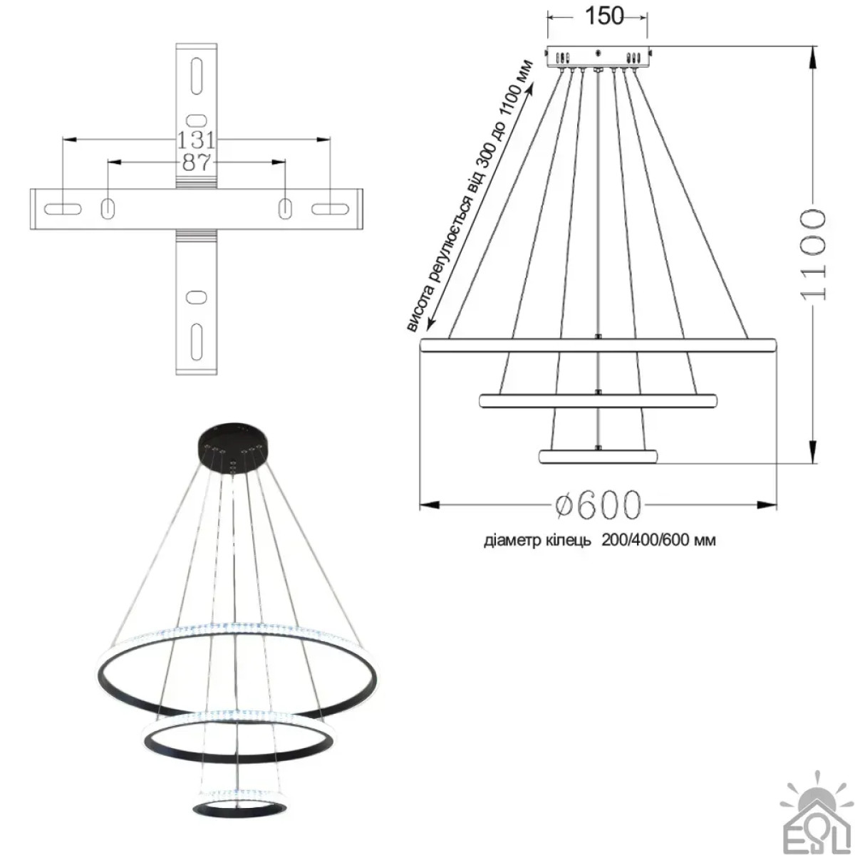 Люстра керована світлодіодна підвісна AKRILIKA 3R 70 Вт 600x1100 мм Чорна Керується вимикачем (без пульта) 10430 ESLLSE