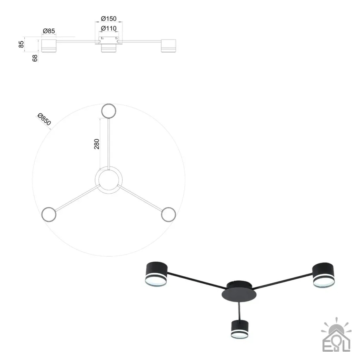 Люстра GUSTAV 3R 850x85 мм Чорна на 3 лампи GX53 10489 ESLLSE