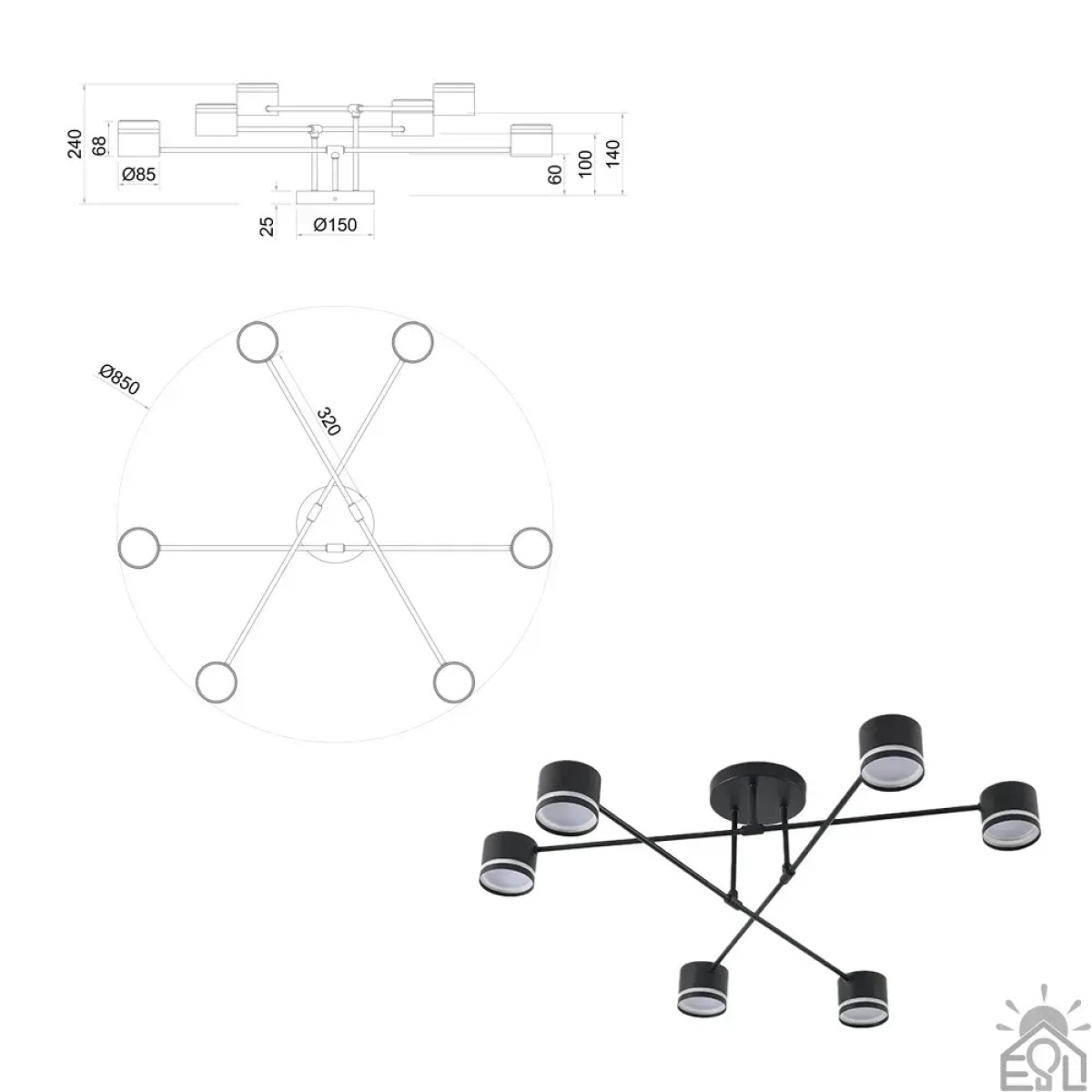 Люстра GUSTAV 6R 850x240 мм Чорна на 6 ламп GX53 10490 ESLLSE