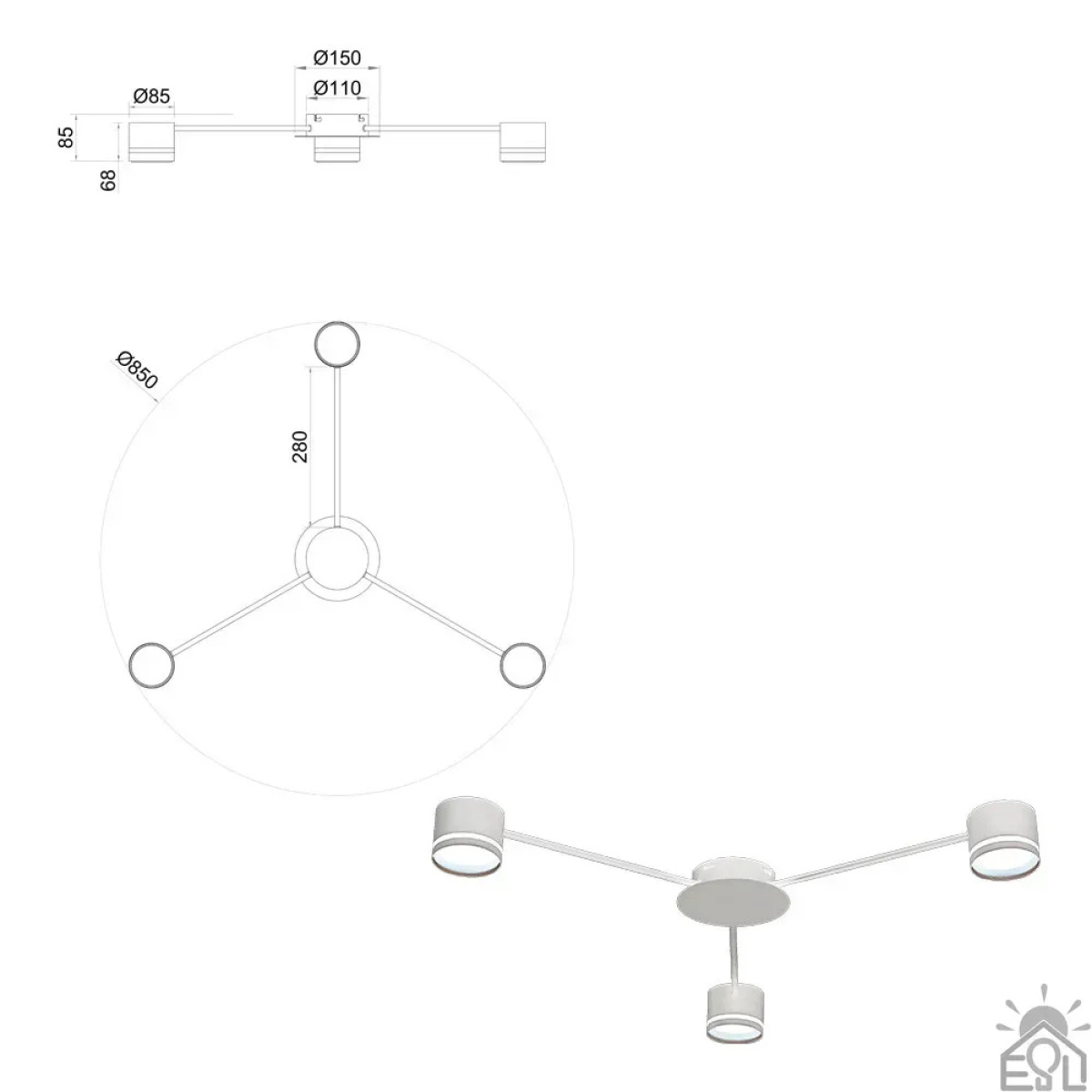 Люстра GUSTAV 3R 850x85 мм Біла на 3 лампи GX53 10495 ESLLSE