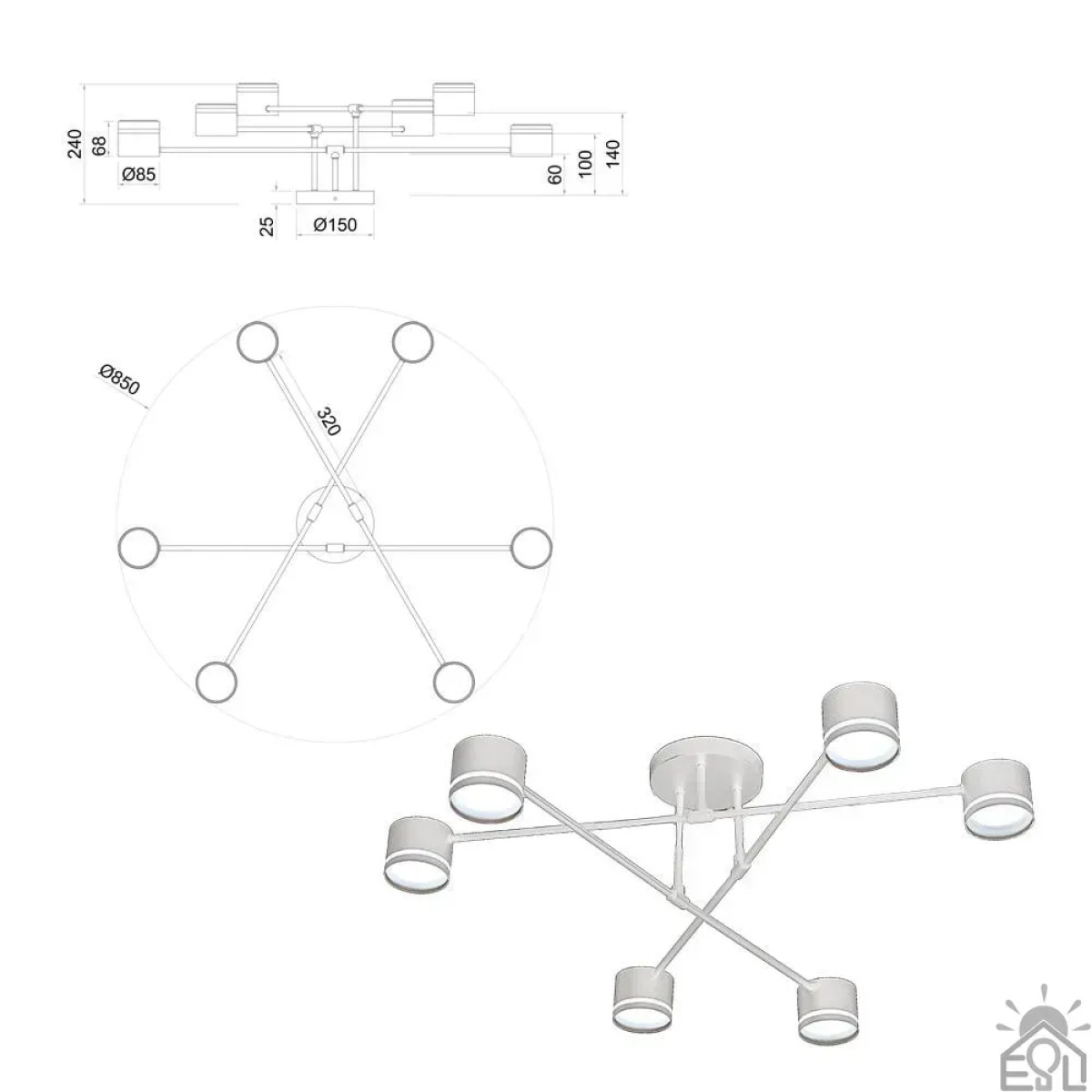 Люстра GUSTAV 6R 850x240 мм Біла на 6 ламп GX53 10496 ESLLSE