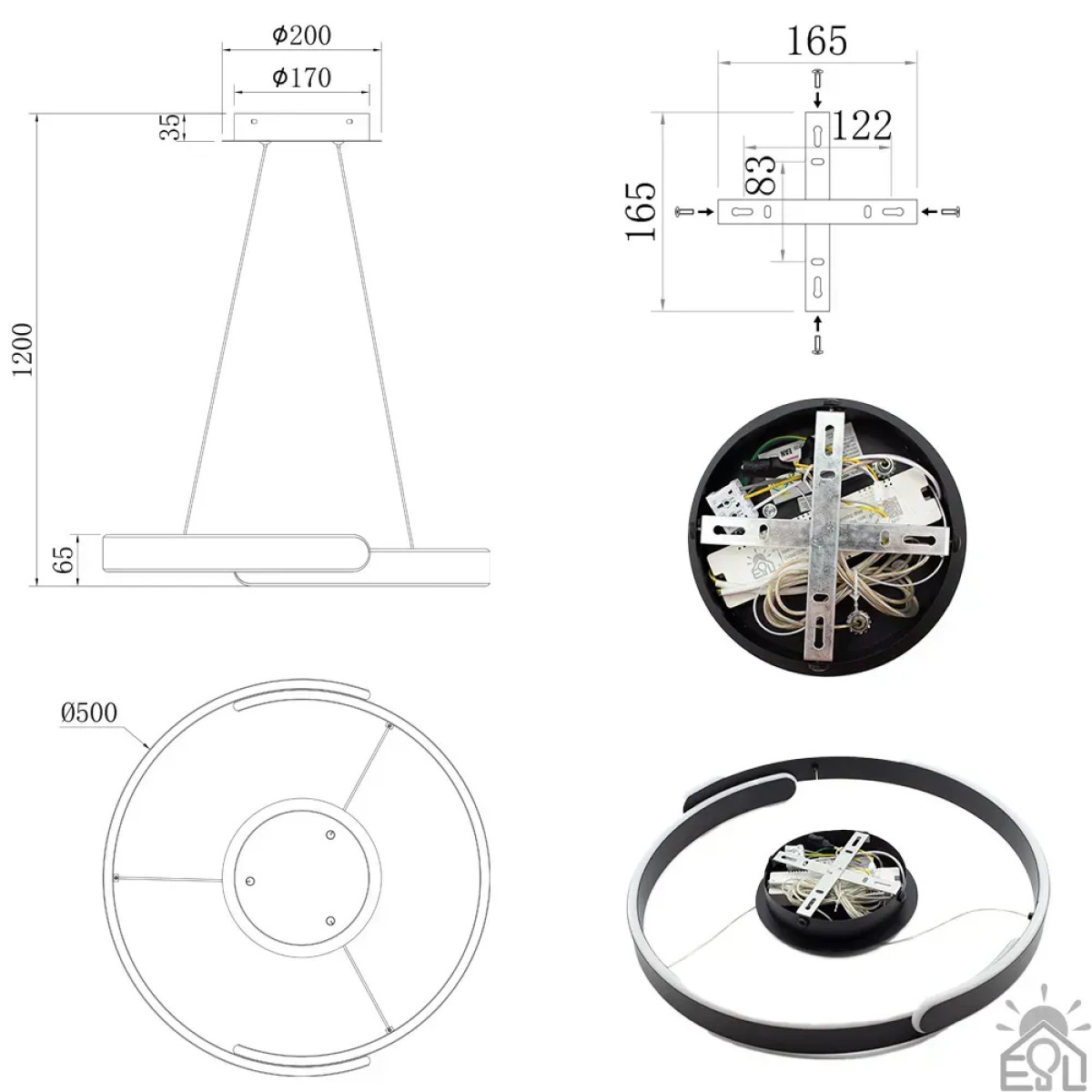 Смарт люстра керована світлодіодна підвісна HIPPO 90 Вт 500x1200 мм Чорна 10540 ESLLSE