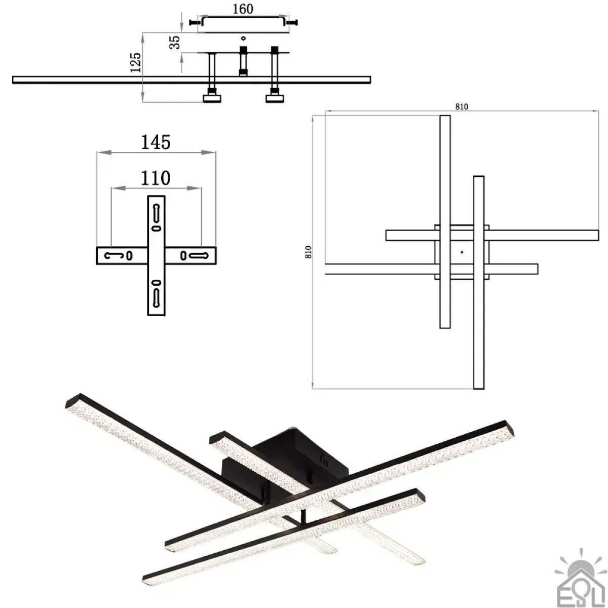 Смарт люстра керована світлодіодна LINE 4L 60 Вт 810x810x125 мм Чорна 10548 ESLLSE
