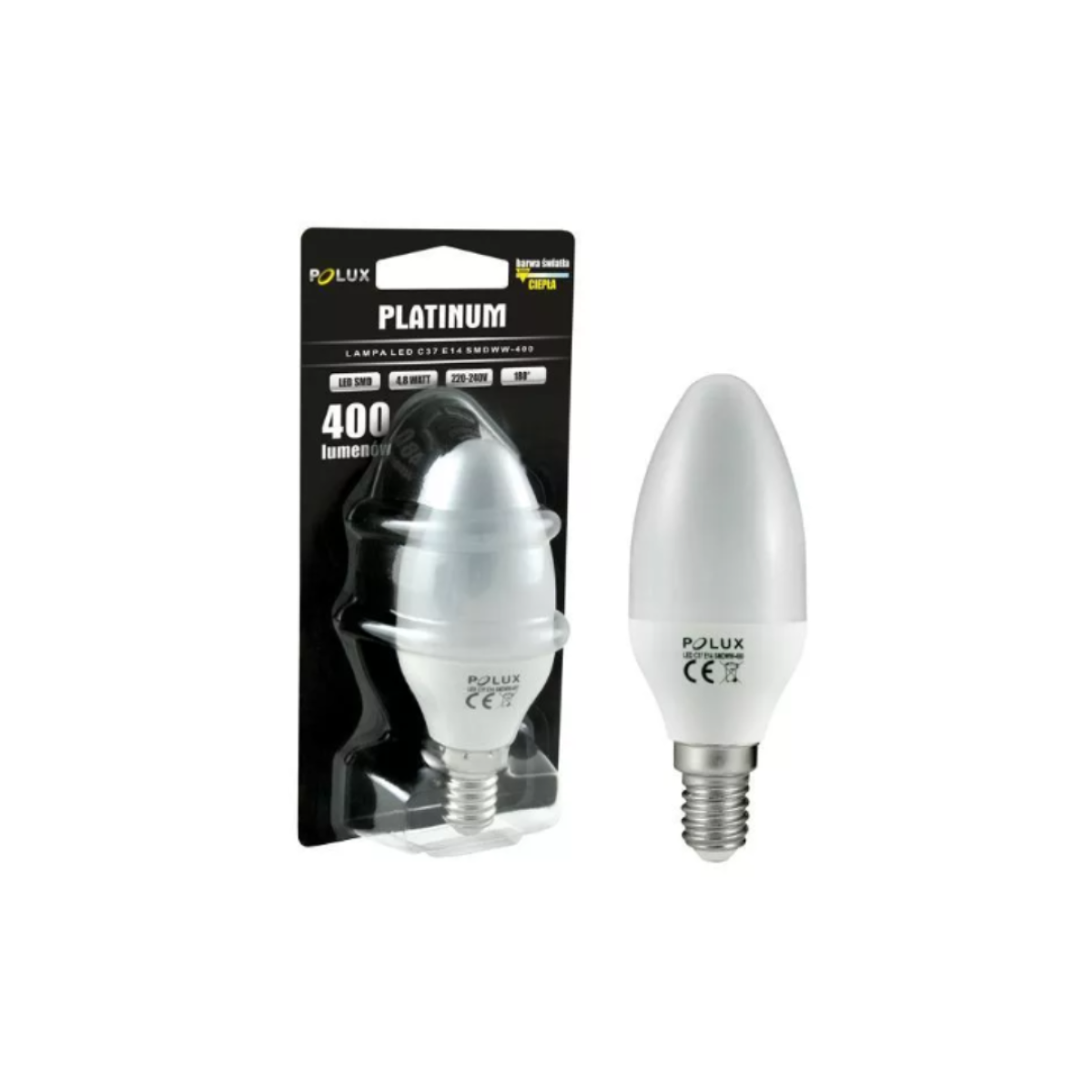 Платинова LED лампа C37 E14 WW 400lm молочного кольору 303196 Polux